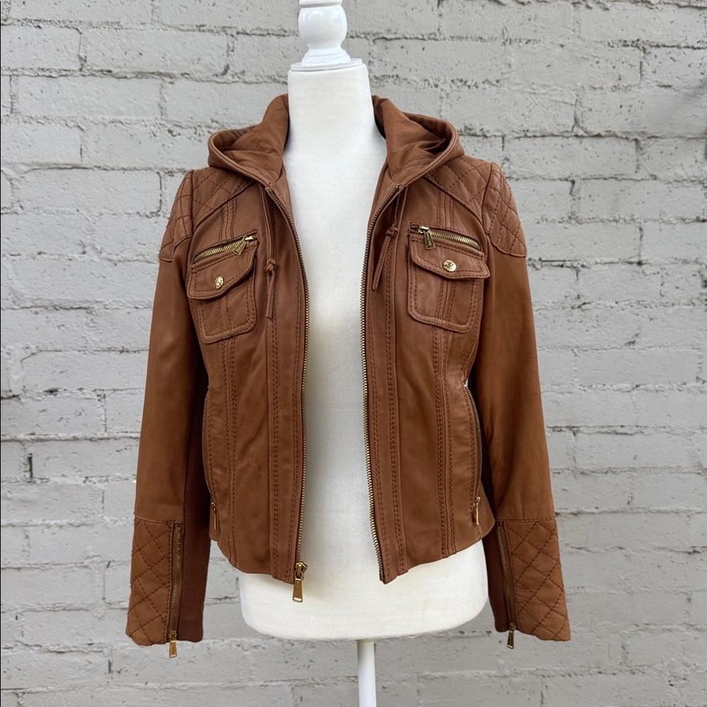 MICHAEL Michael Kors Leather Jacket Camel Brown Quilted Size Petite M - Picture 8 of 16